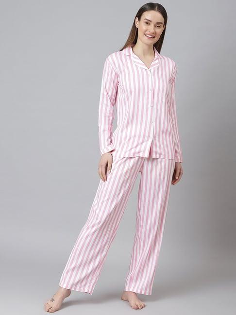 cation pink & white striped shirt with pyjamas