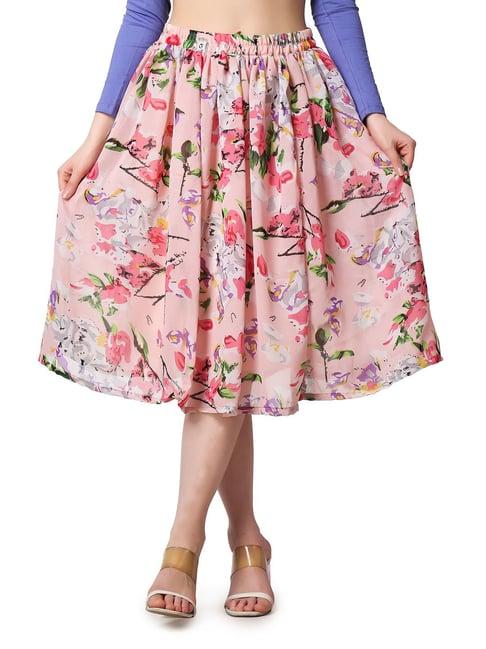 cation pink floral print a-line midi skirt