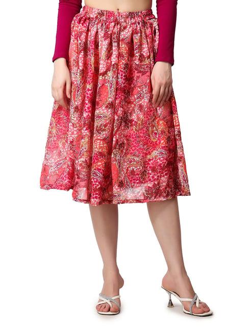 cation pink floral print a-line midi skirt