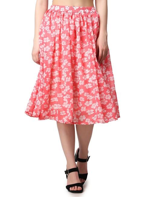 cation pink floral print a-line midi skirt