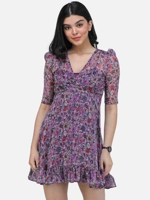cation purple floral print a-line dress