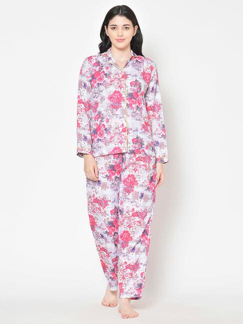 cation purple floral print shirt with pyjamas