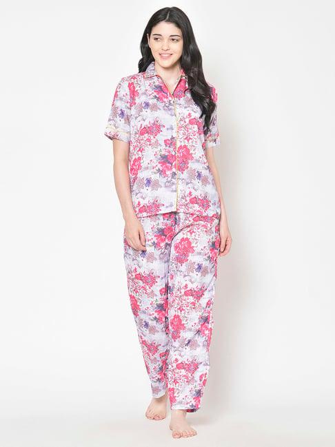 cation purple floral print shirt with pyjamas