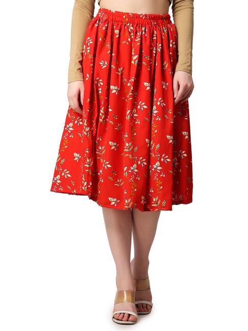 cation red floral print a-line midi skirt