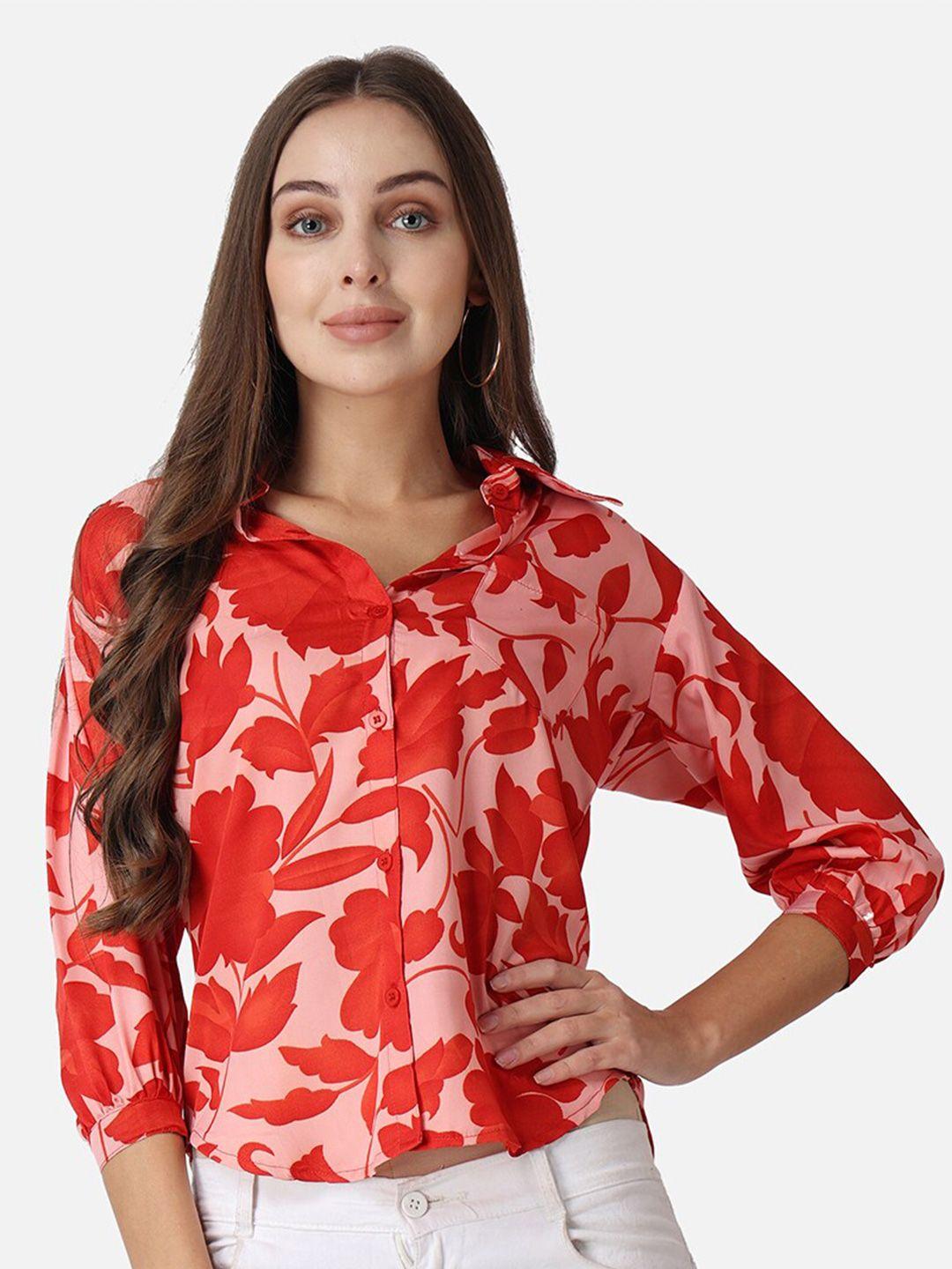 cation red floral printed spread collar puff sleeves classic slim fit casual shirt