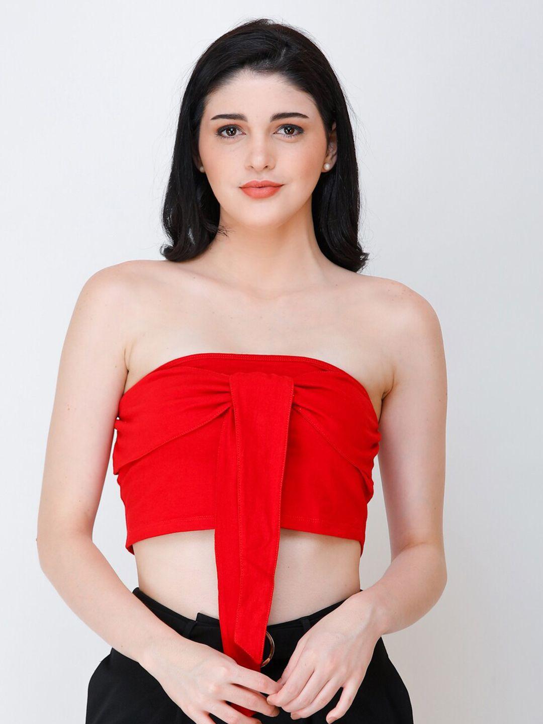 cation red off-shoulder ruffles tube top