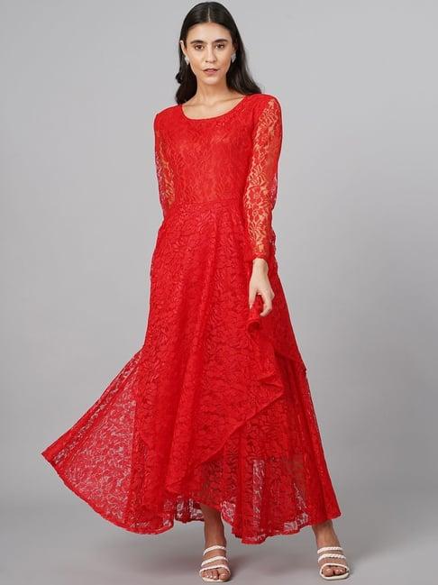 cation red self pattern maxi dress