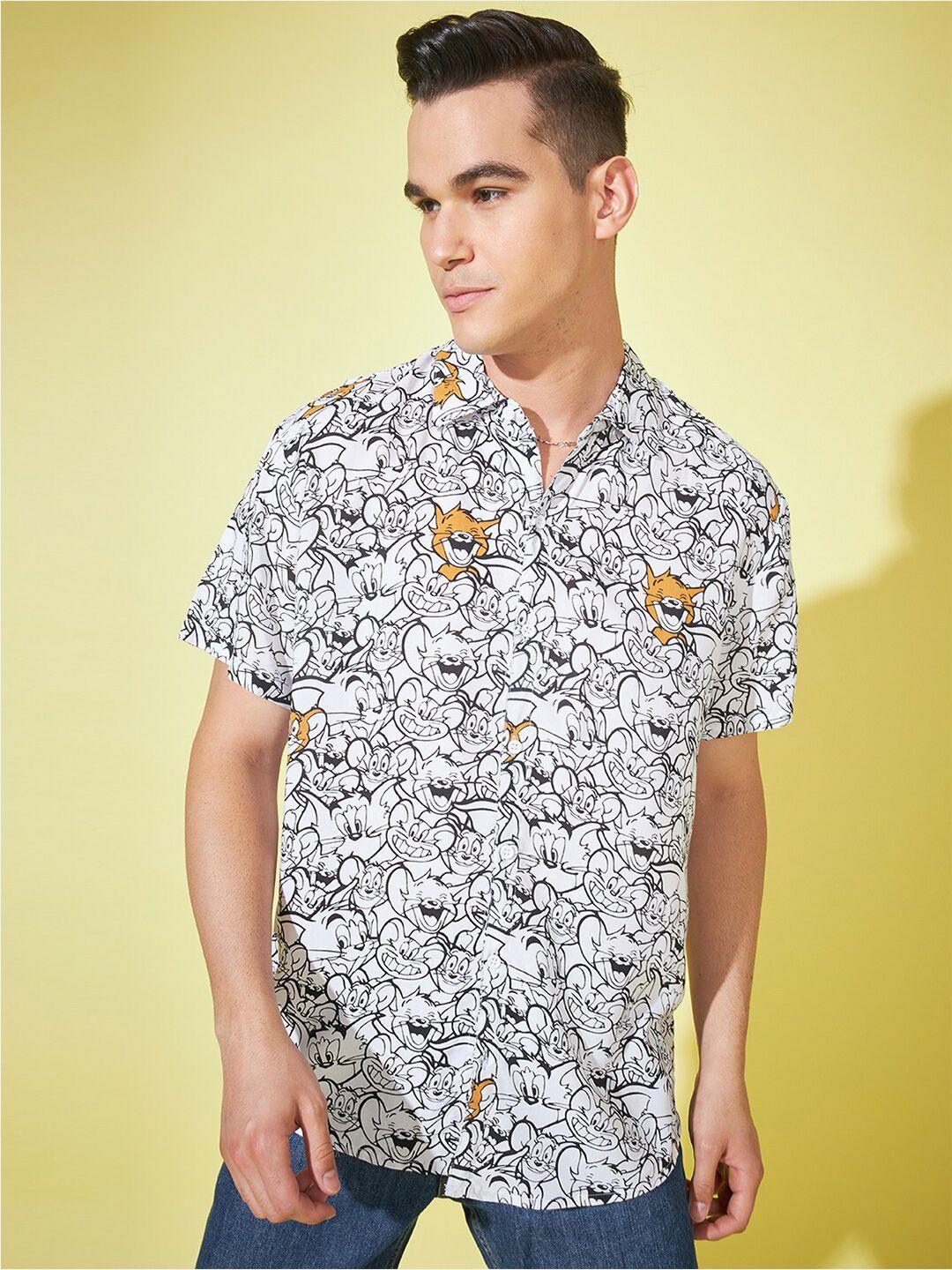 cation white & black relaxed graphic tom & jerry printed boxy cotton casual shirt