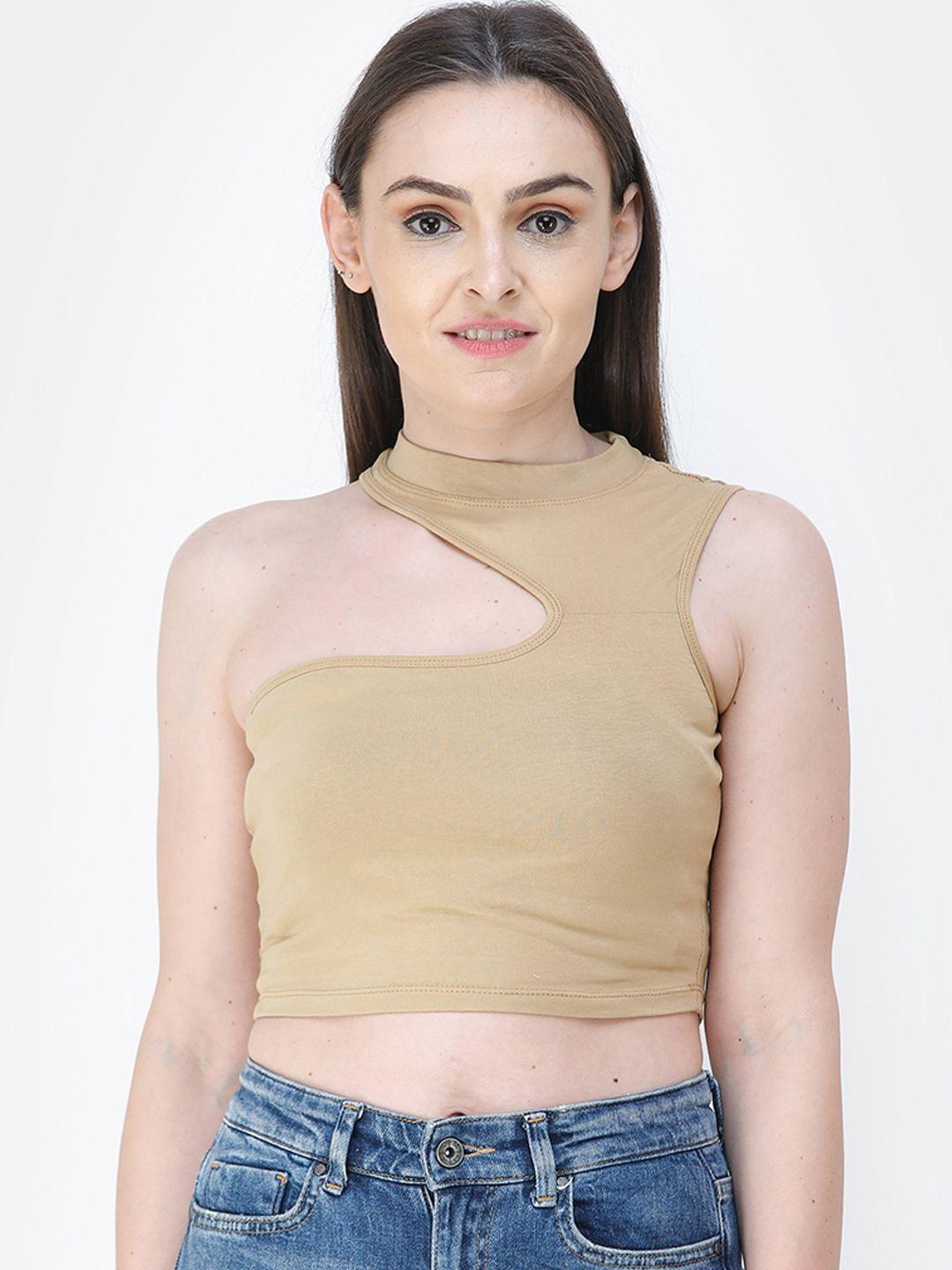 cation women beige solid crop pure cotton top