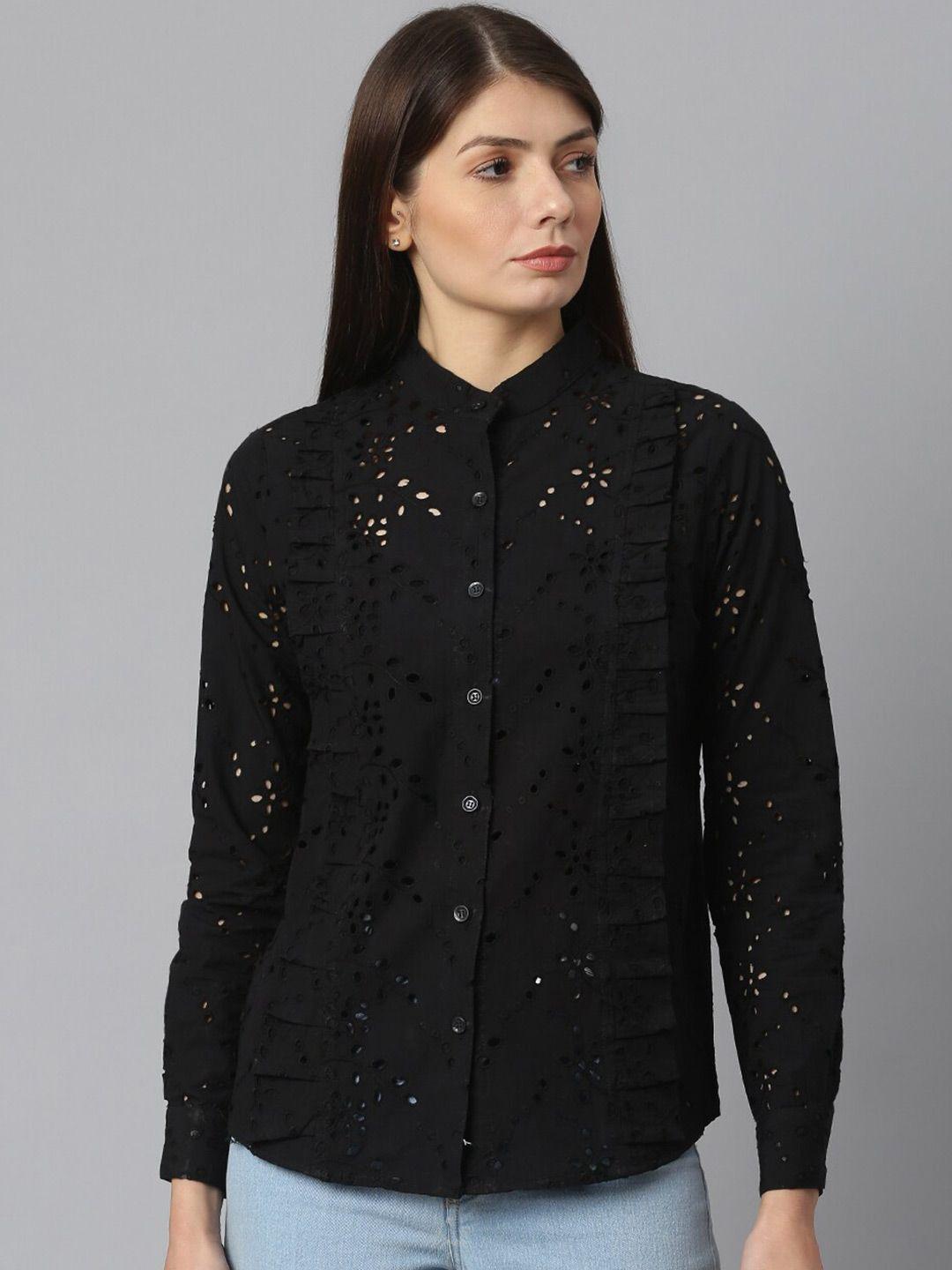 cation women black floral casual shirt