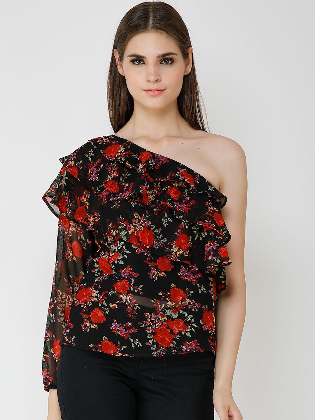 cation women black floral printed regular top