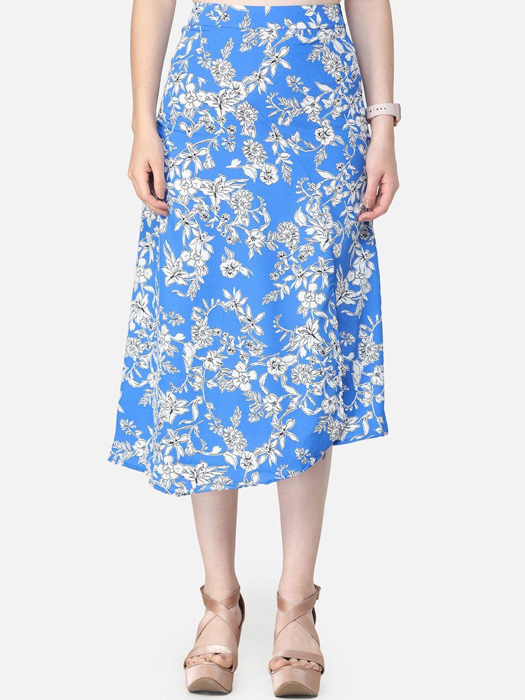 cation women blue & white floral printed a-line midi skirt