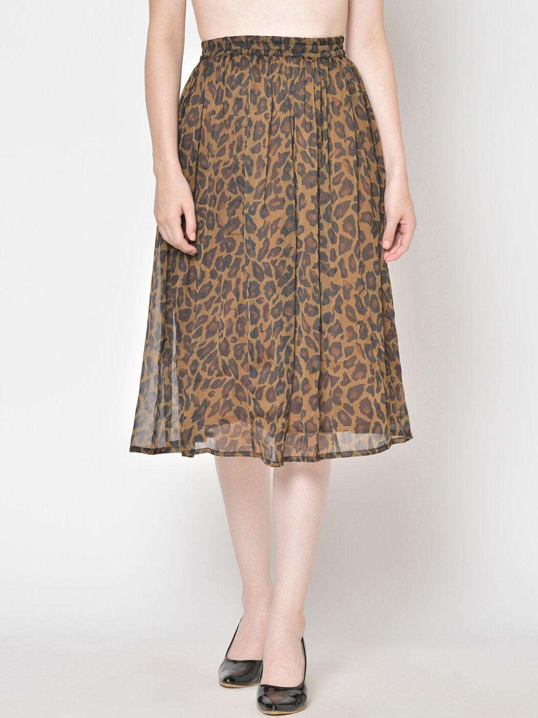 cation women brown & black animal printed flared midi skirt