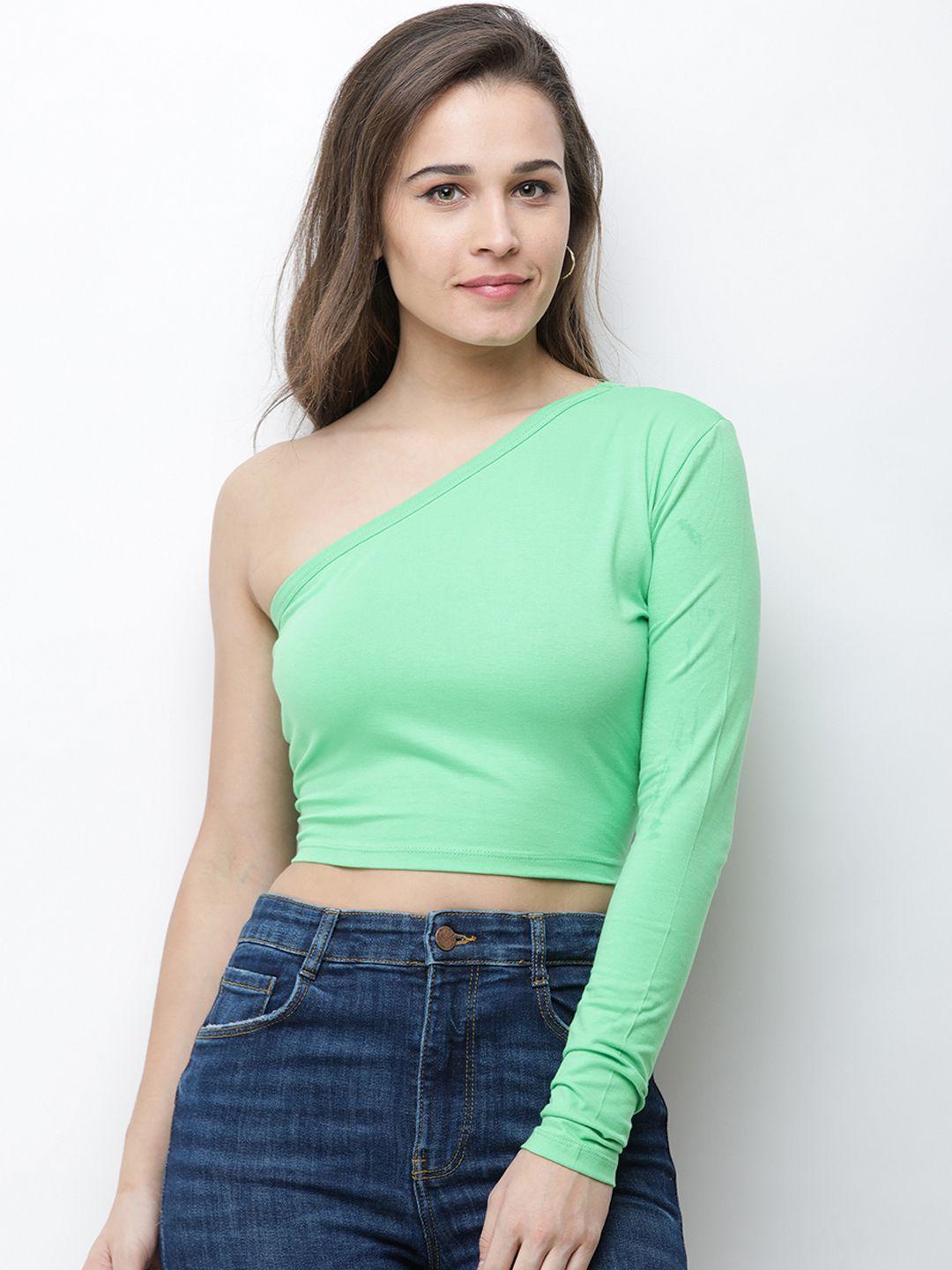 cation women green solid fitted crop pure cotton top