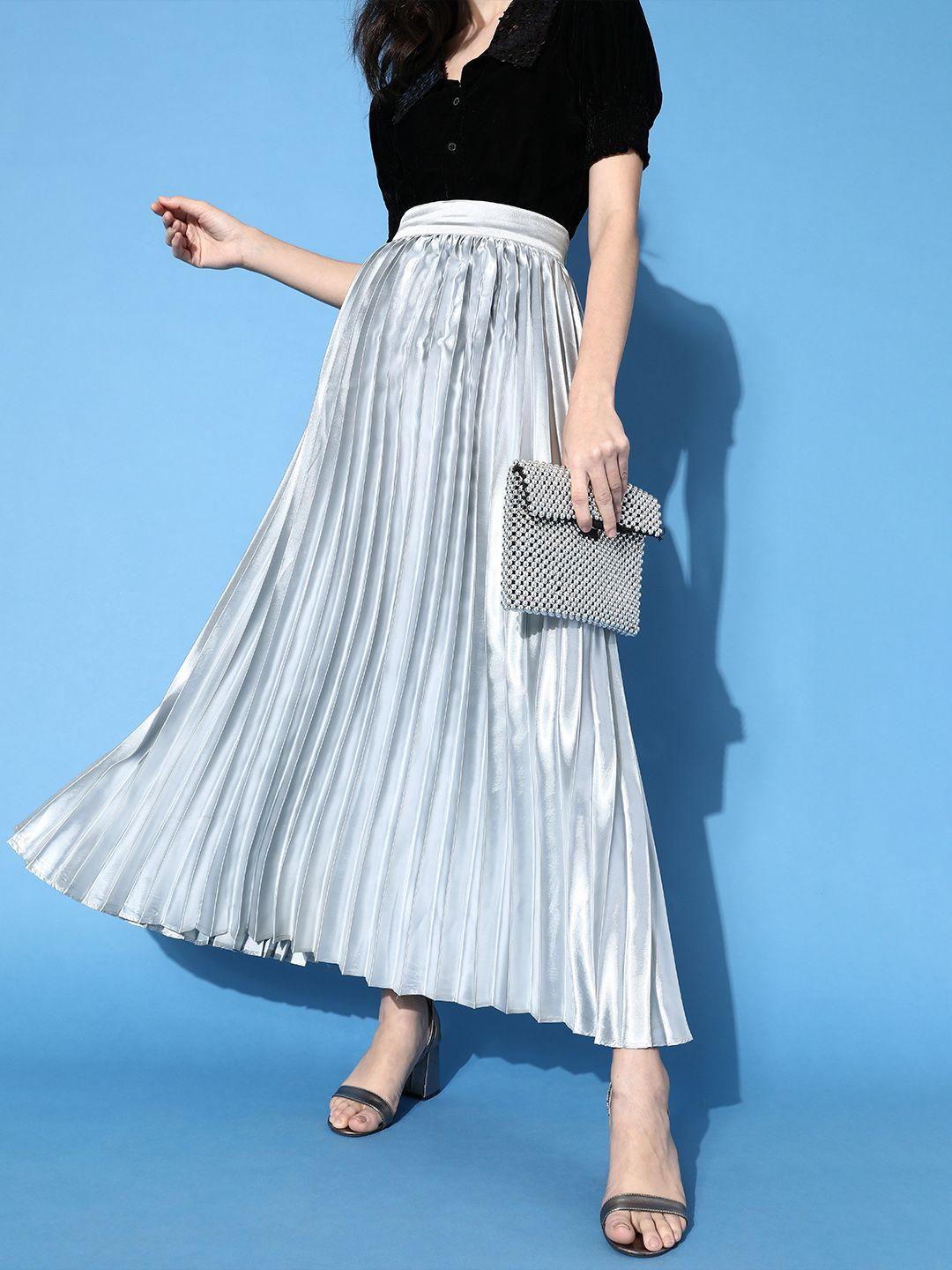 cation women grey solid accordion pleated skirt