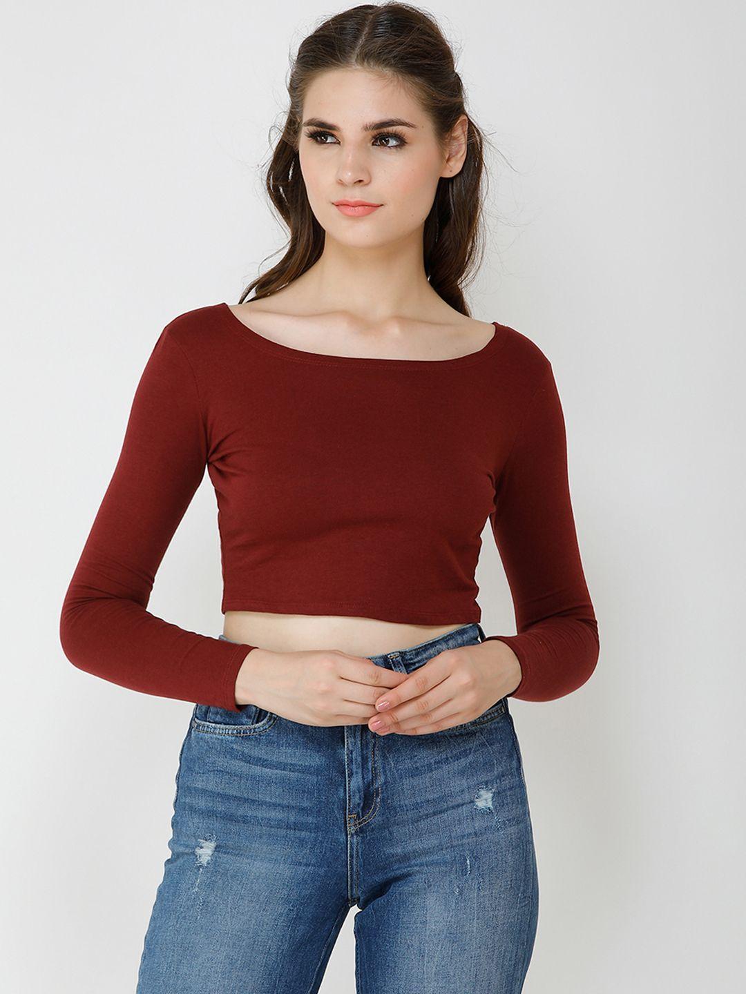 cation women maroon solid fitted crop pure cotton top