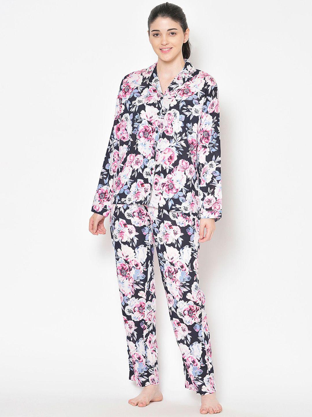cation women navy blue & pink printed night suit