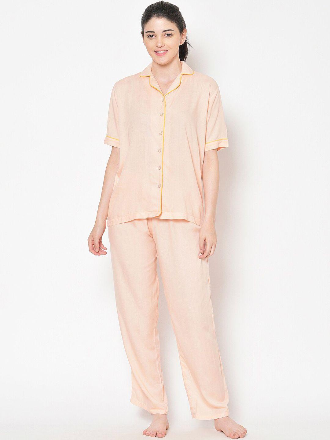 cation women peach-coloured solid night suit