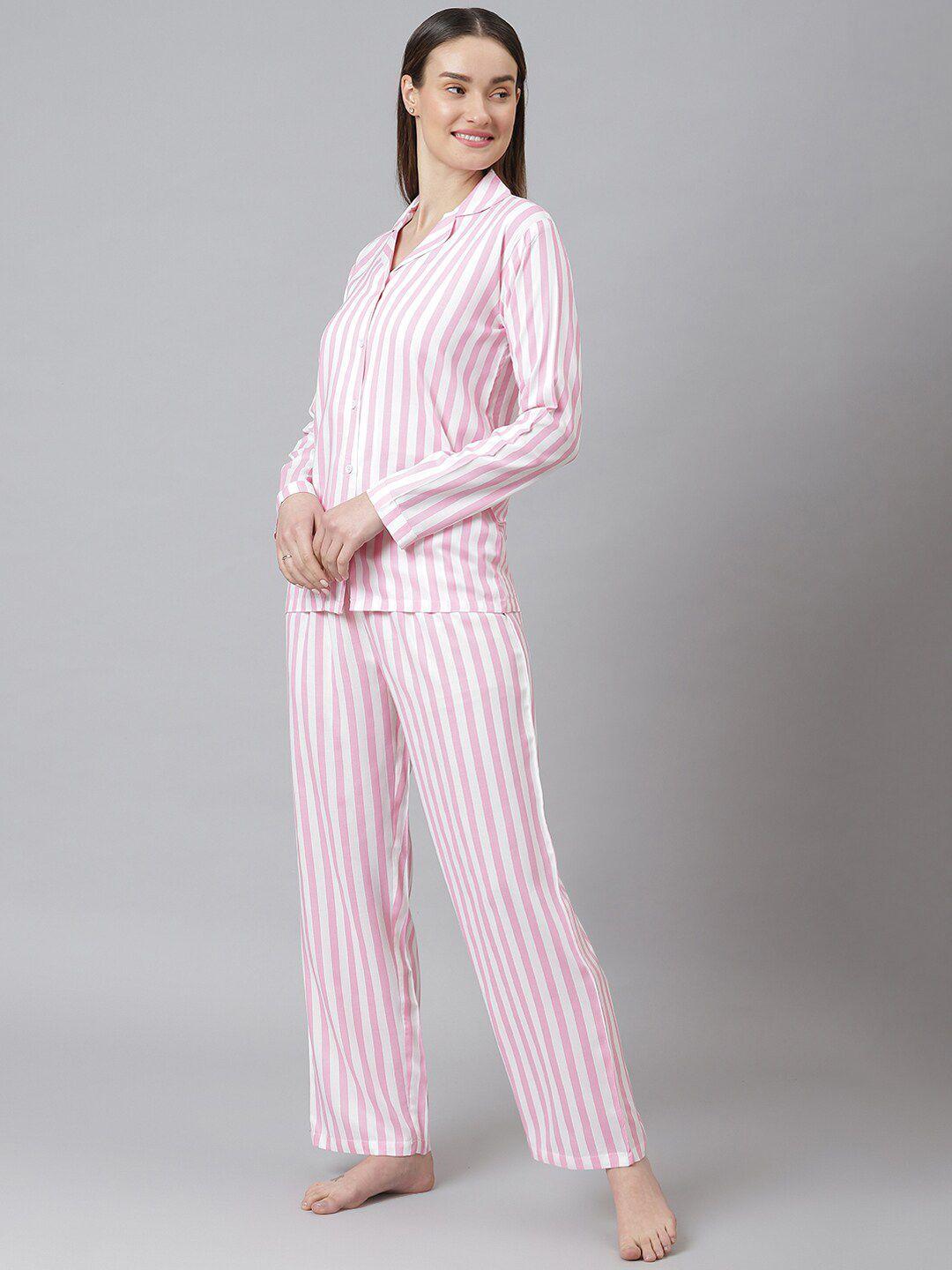 cation women pink & white striped night suit