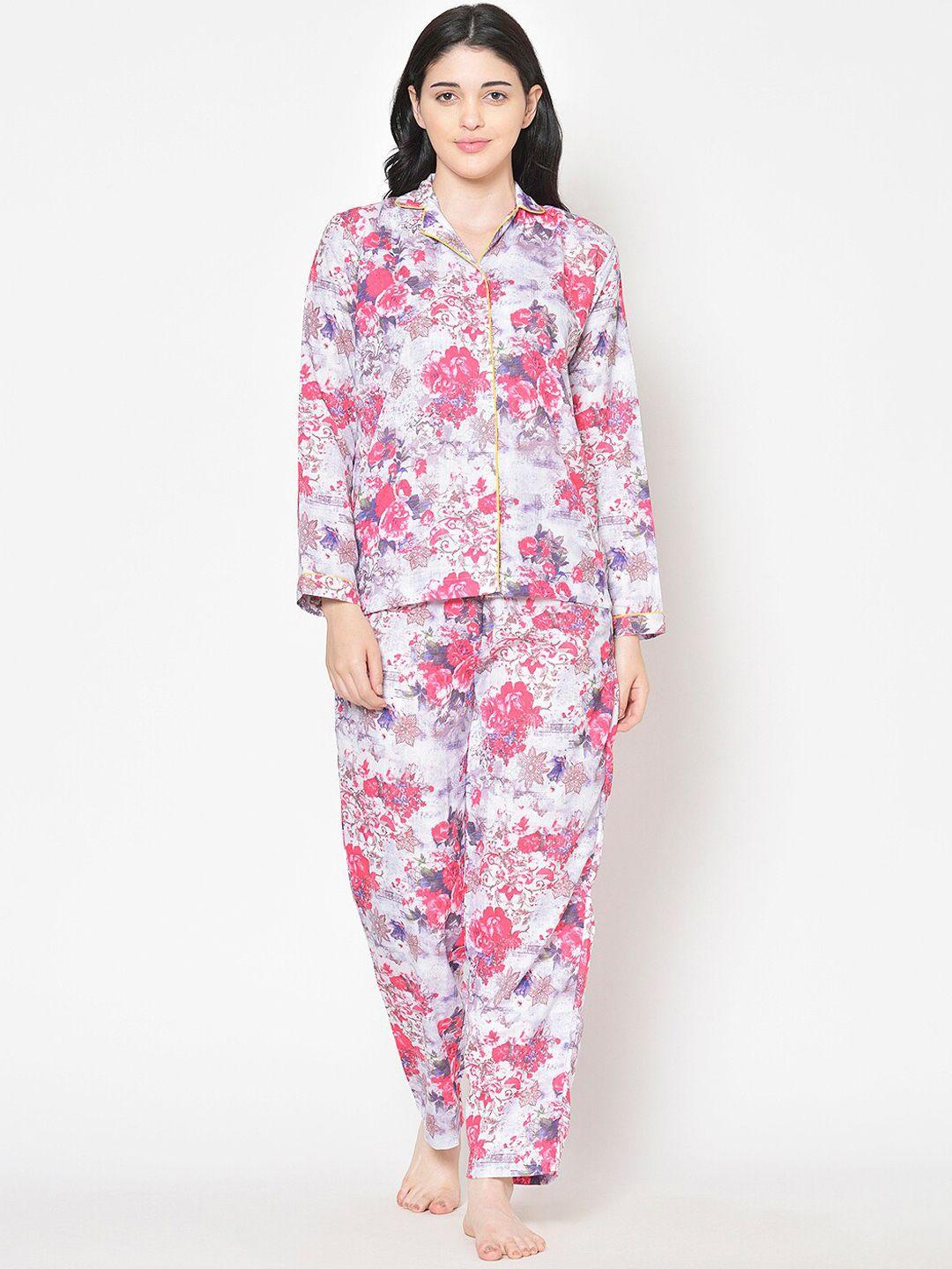 cation women purple & pink floral printed night suit