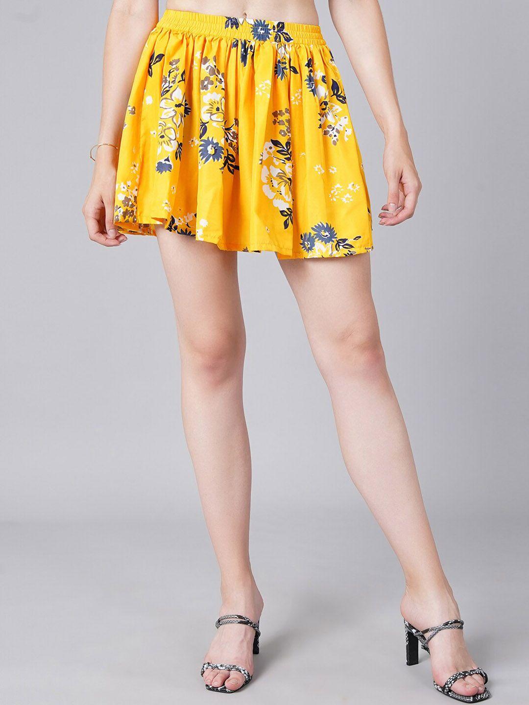 cation women yellow printed flared mini skirts