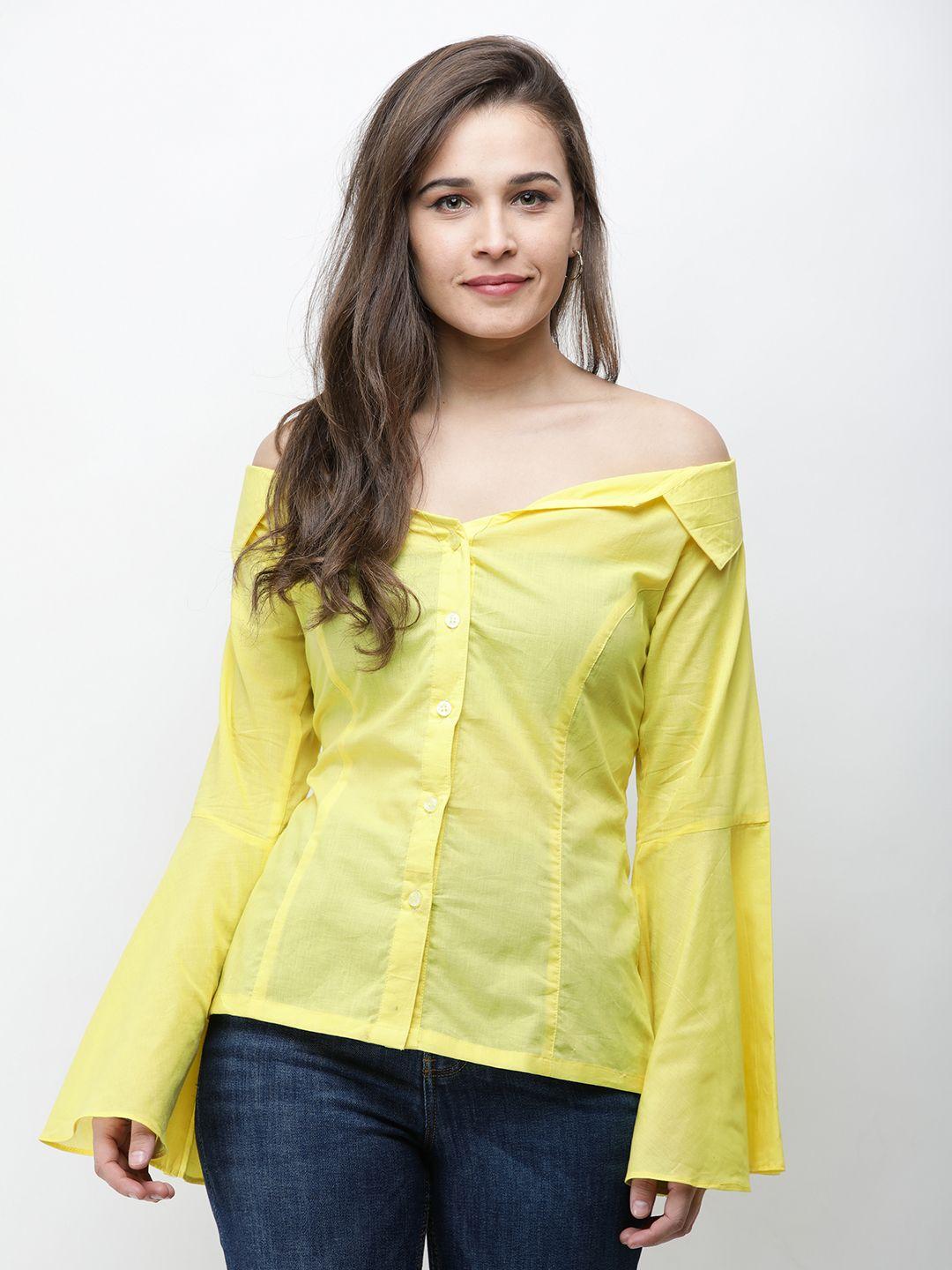 cation women yellow slim fit solid casual shirt