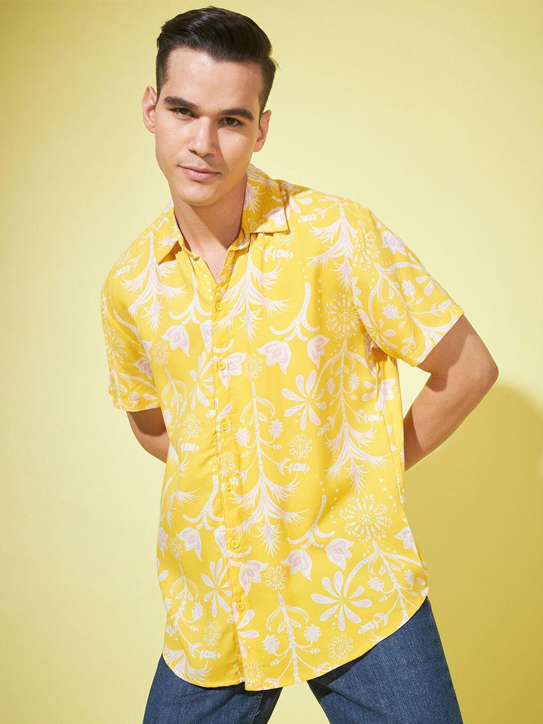 cation yellow & white relaxed floral printed boxy cotton casual shirt
