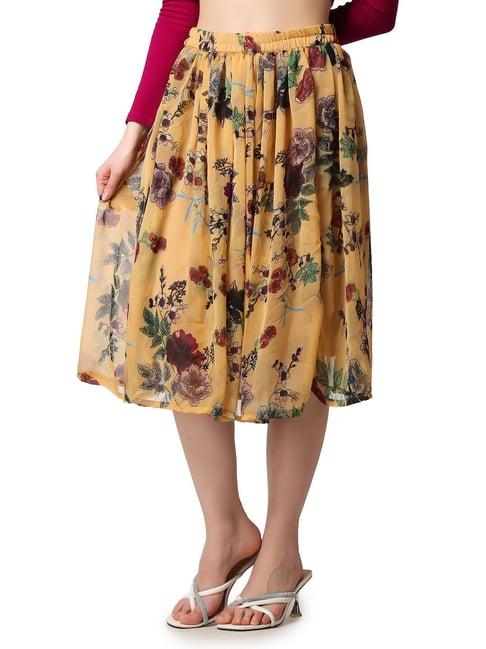 cation yellow floral print a-line midi skirt