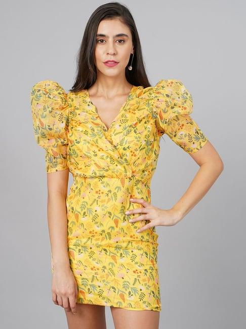 cation yellow floral print bodycon dress
