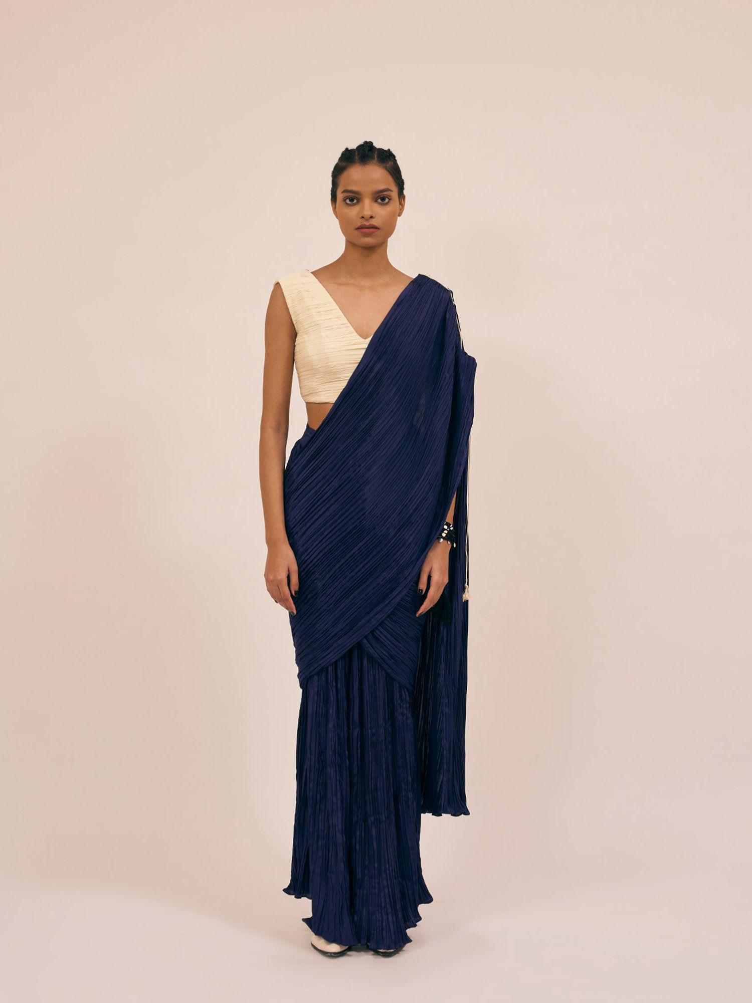 catnip navy blue saree with stitched blouse