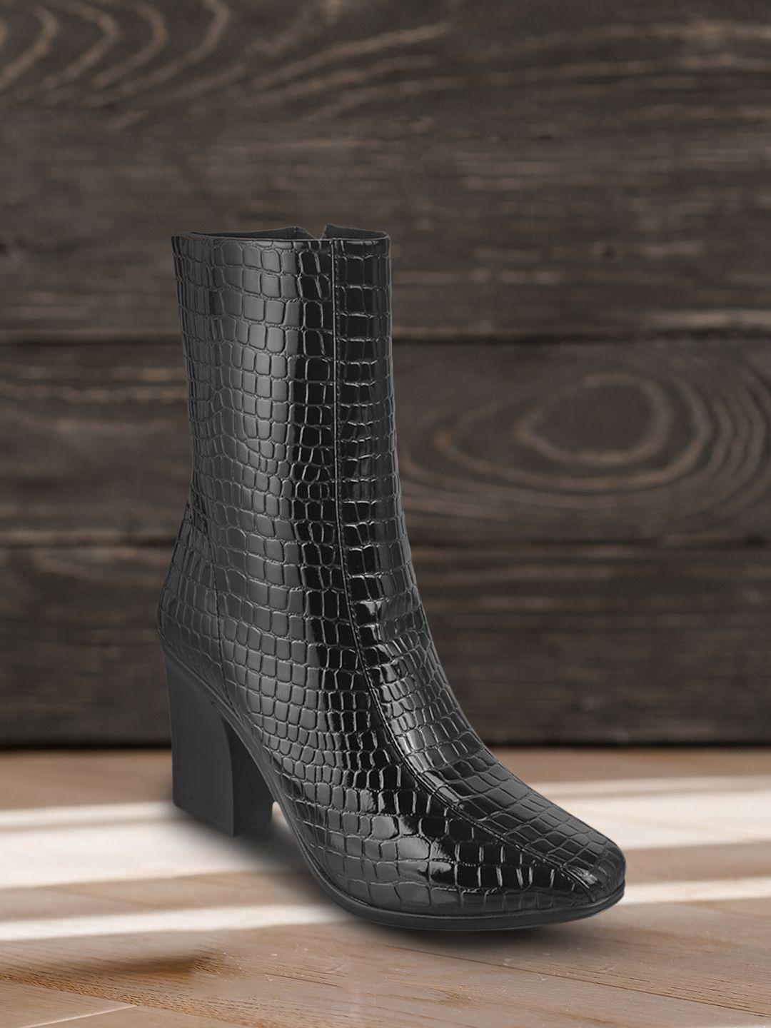 catwalk black textured block heeled boots