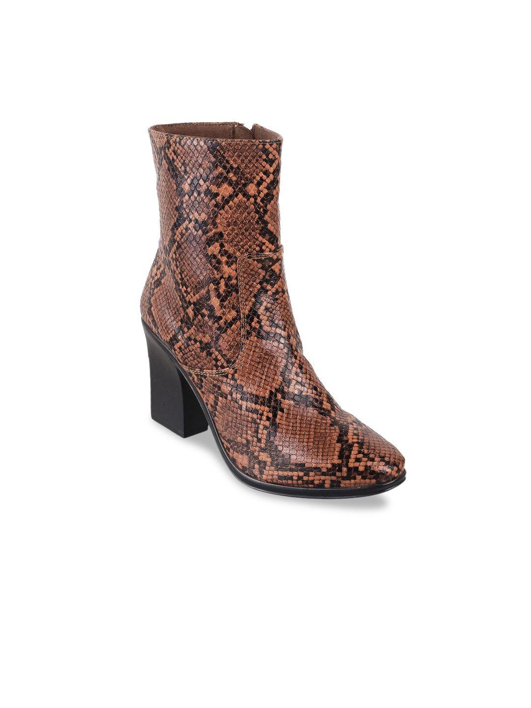 catwalk tan animal textured & printed block heeled boots with zip