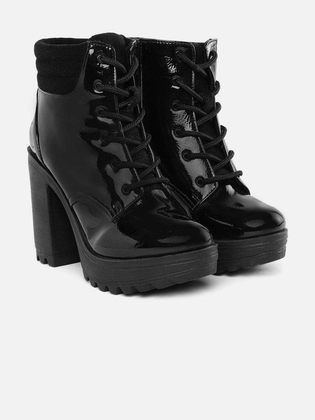 catwalk women black solid mid-top block heel boots