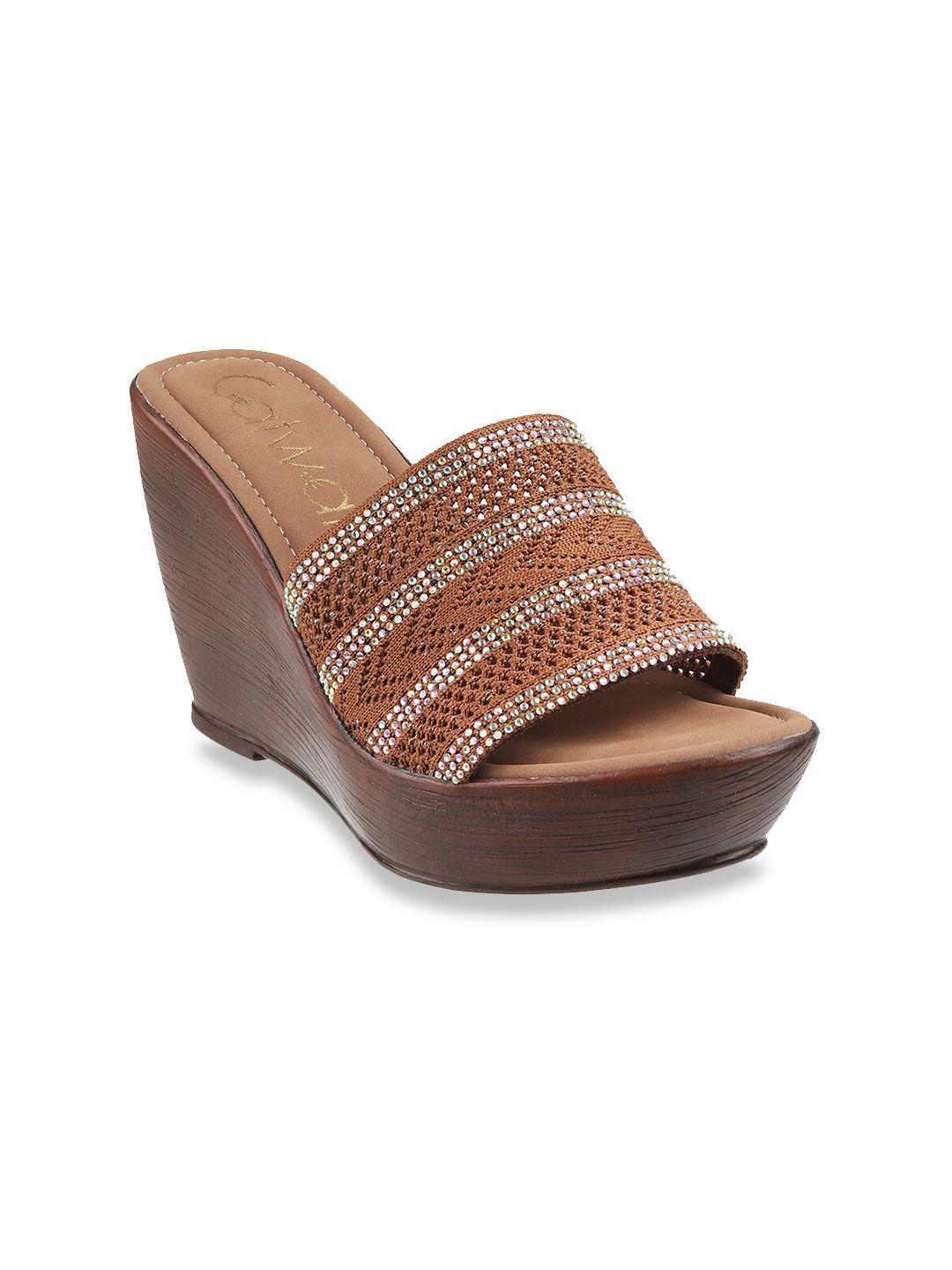 catwalk women brown & silver-toned embellished wedge heels