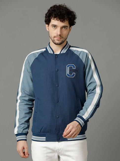cavallo by linen club blue regular fit cotton linen varsity jacket