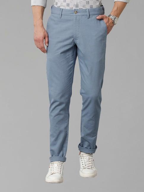 cavallo by linen club blue slim fit cotton linen flat front trousers