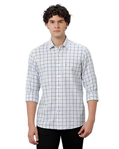 cavallo by linen club men's cotton linen blue checks slim fit full sleeve casual shirt