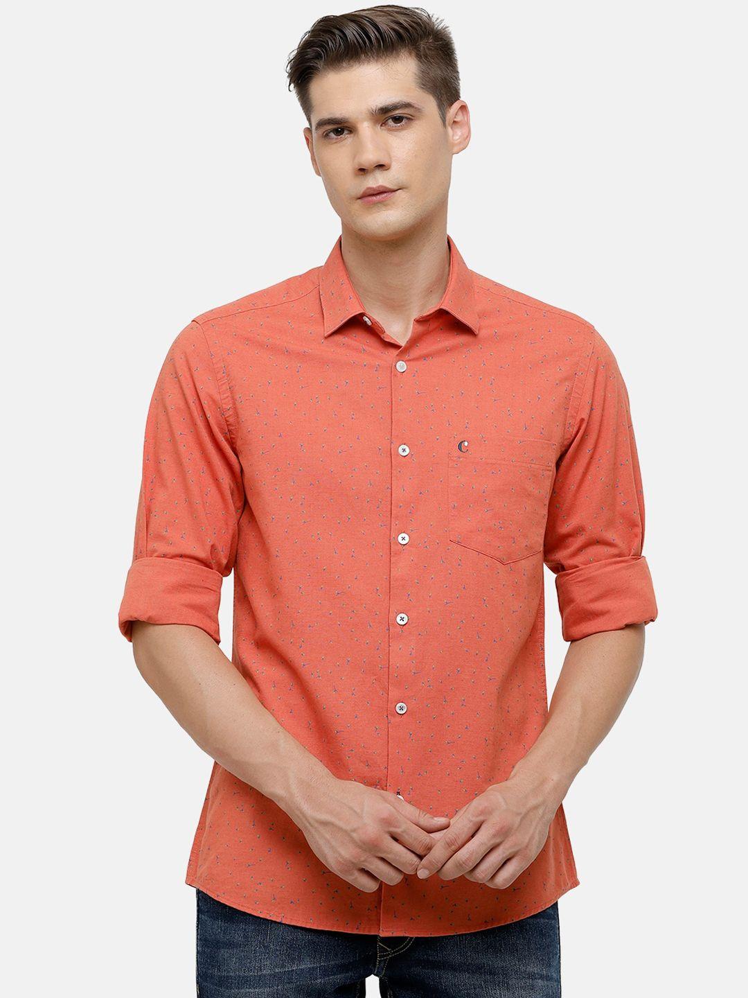 cavallo by linen club men orange printed cotton-linen casual shirt