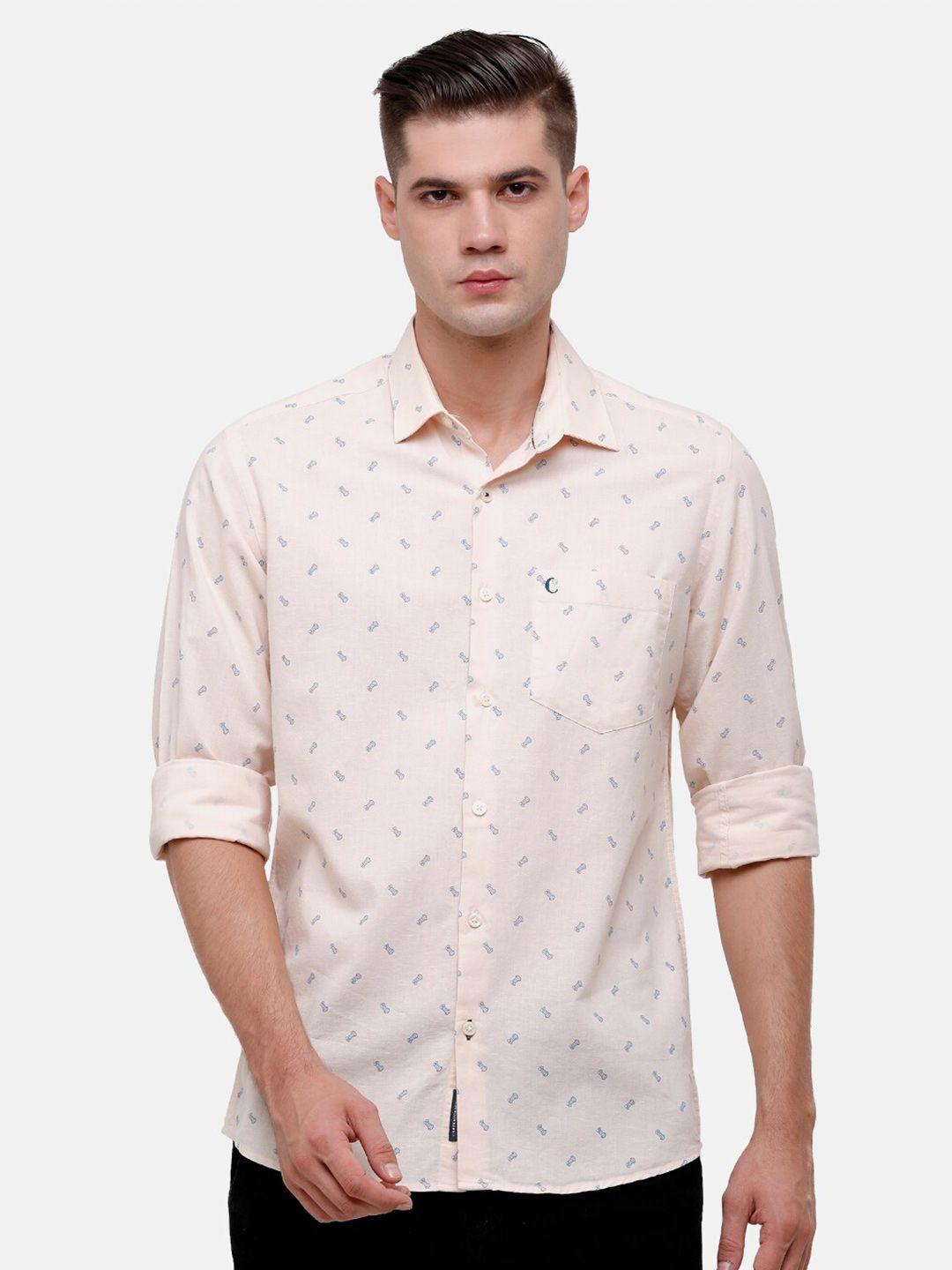 cavallo by linen club men peach-coloured printed linen cotton casual shirt