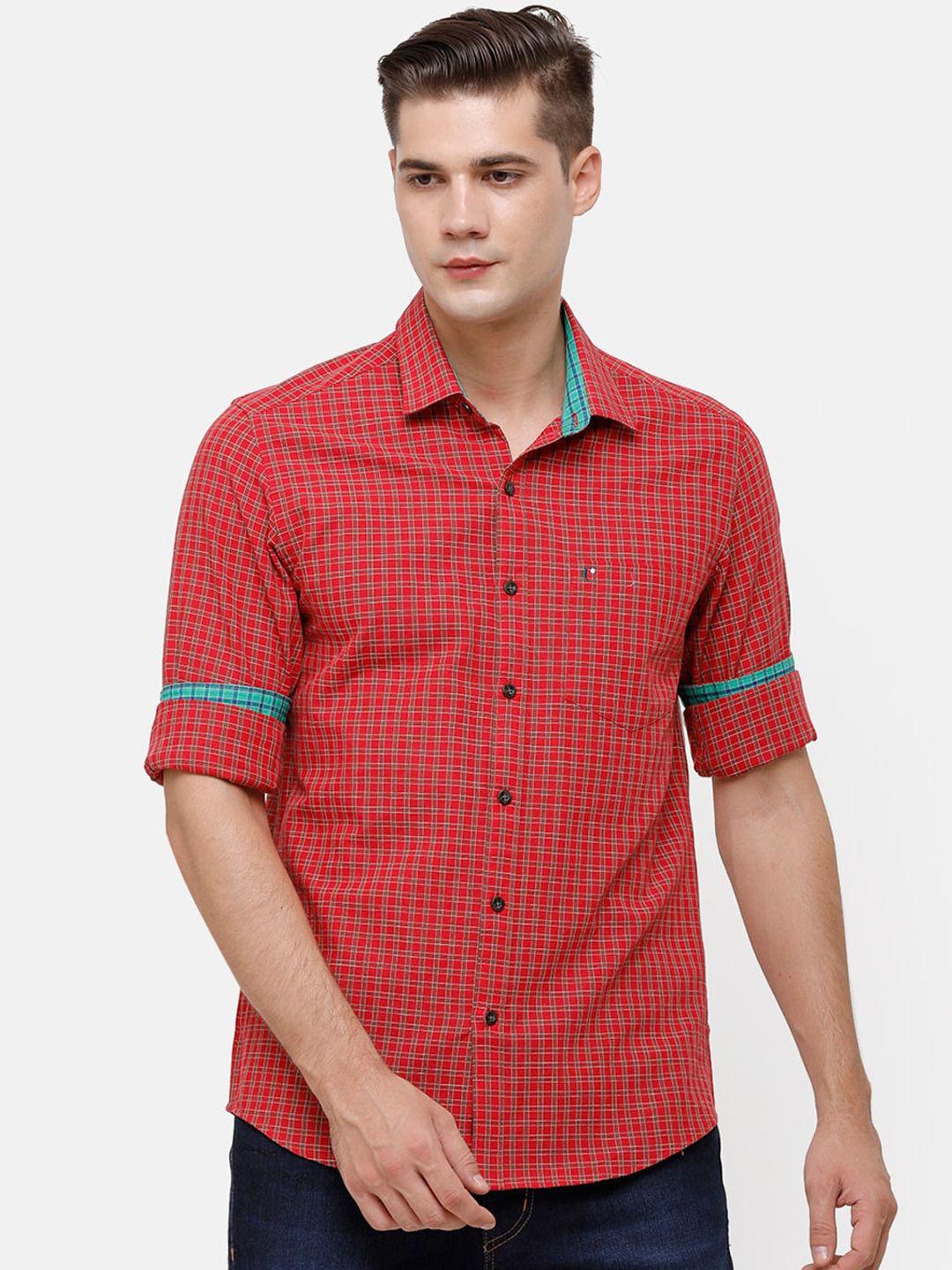 cavallo by linen club men red & blue regular fit checked casual shirt