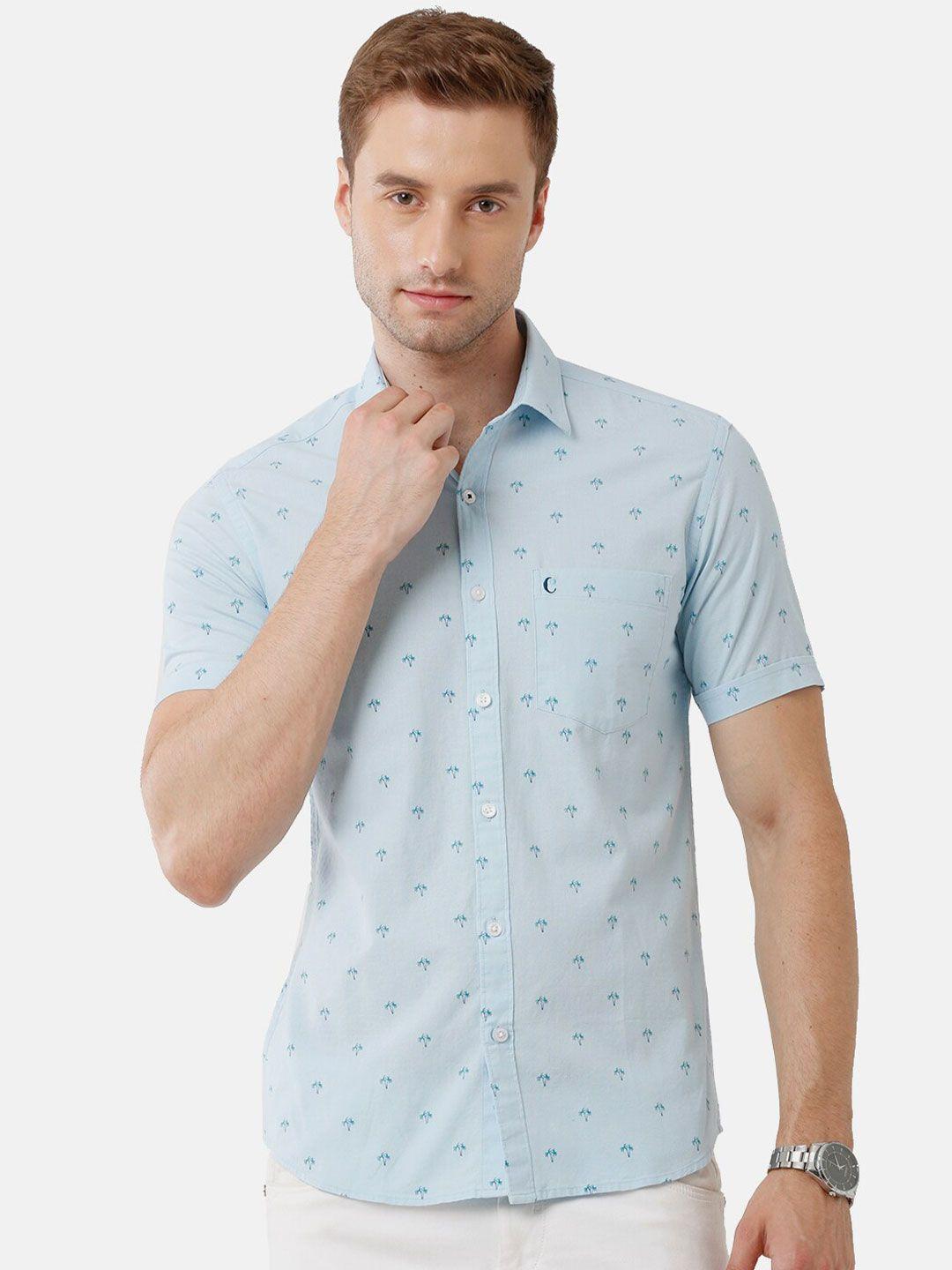 cavallo by linen club men turquoise blue printed linen cotton casual shirt