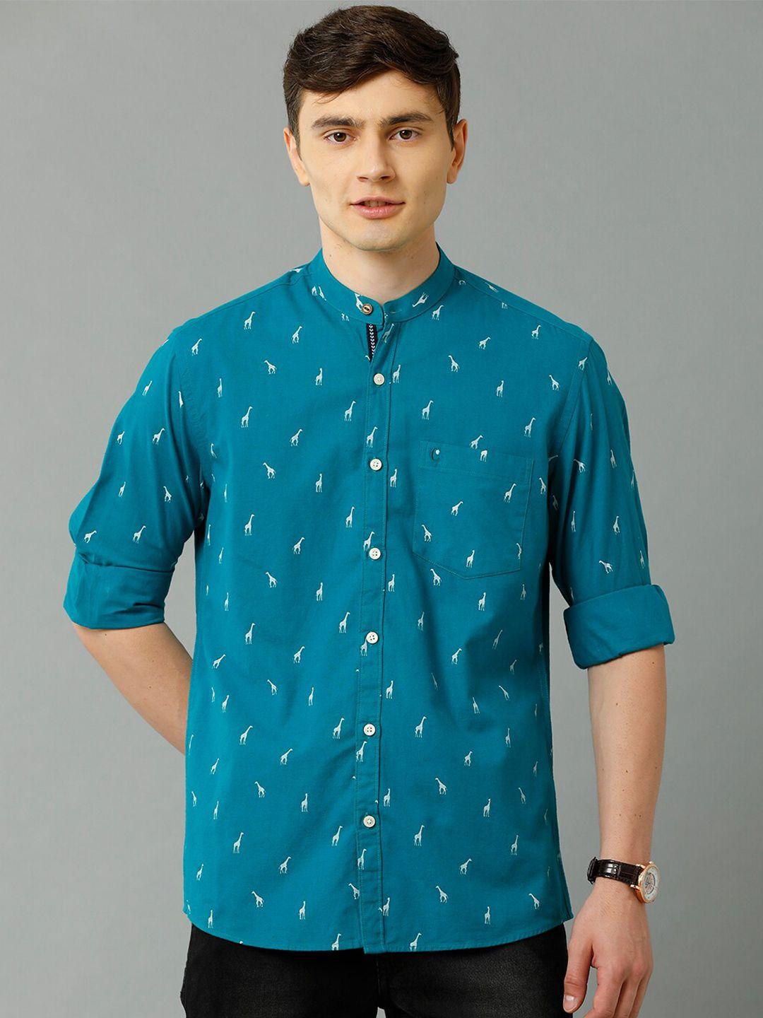 cavallo by linen club men turquoise blue printed linen regular fit casual shirt
