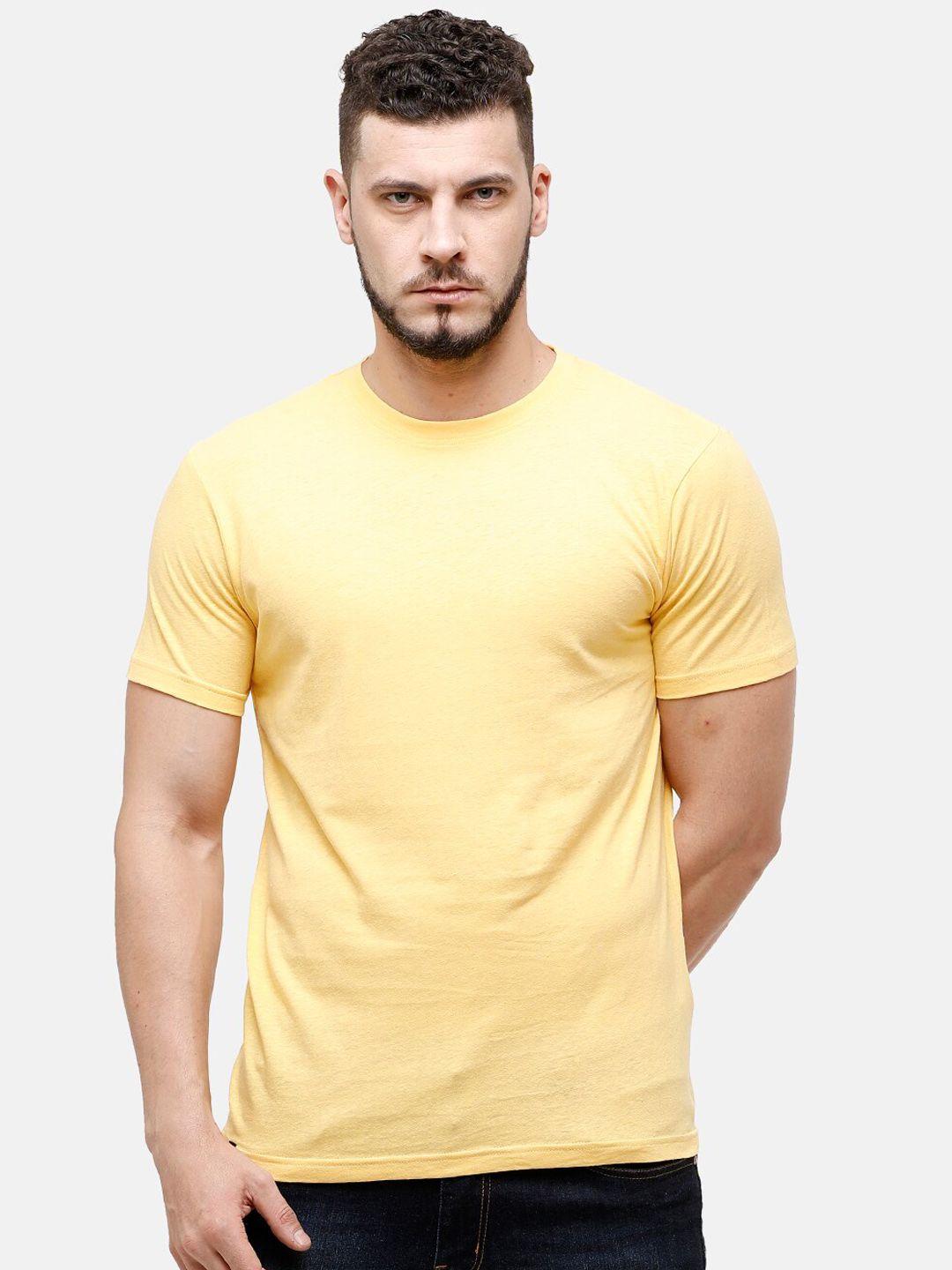 cavallo by linen club men yellow solid round neck cotton linen t-shirt