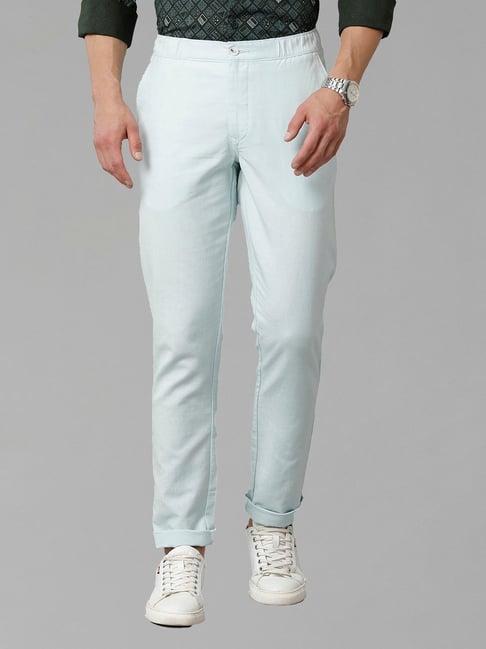 cavallo by linen club mint blue slim fit cotton linen elasticated trousers