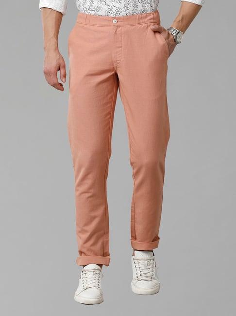 cavallo by linen club pink slim fit cotton linen elasticated trousers