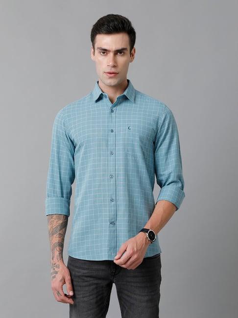 cavallo by linen club teal slim fit check cotton linen shirt