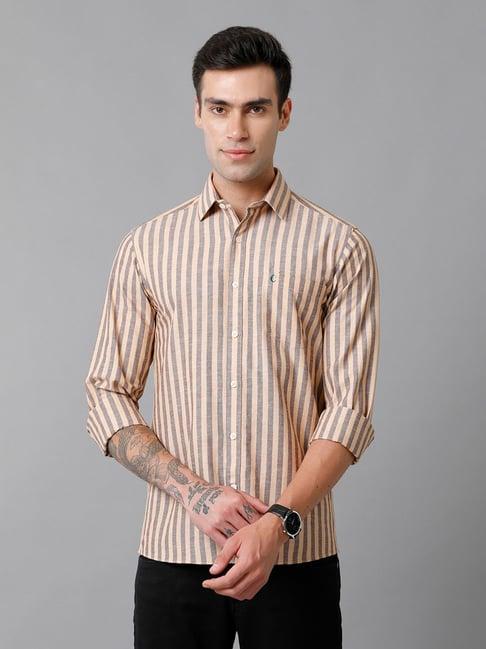 cavallo by linen club yellow & grey slim fit striped cotton linen shirt