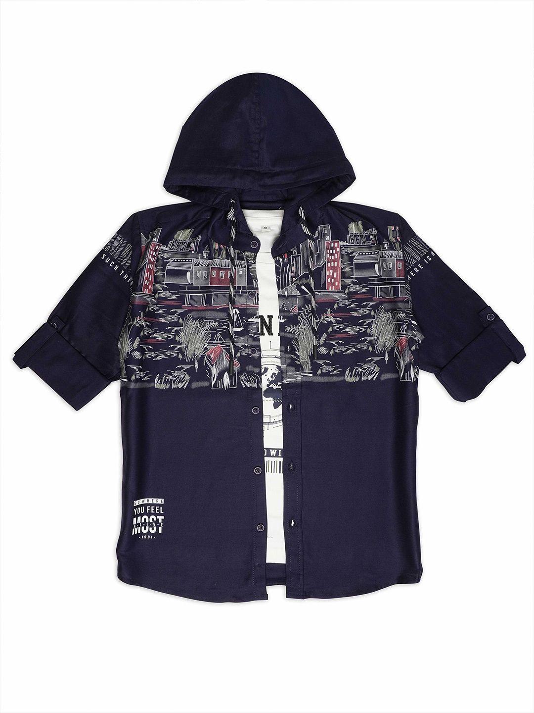 cavio boys comfort graphic printed hooded cotton casual shirt with t-shirt