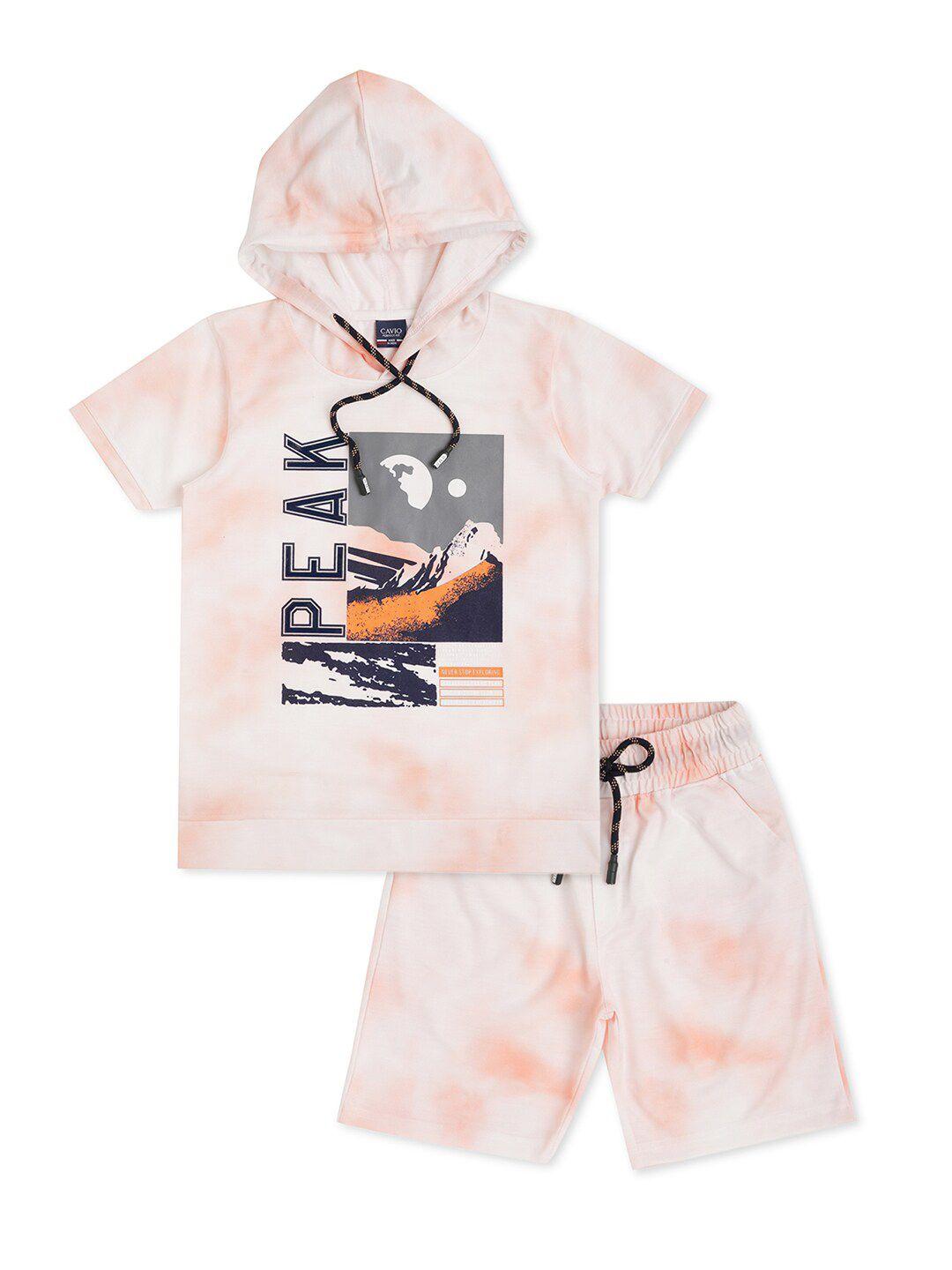 cavio boys peach & off white dyed pure cotton hooded t-shirt with shorts