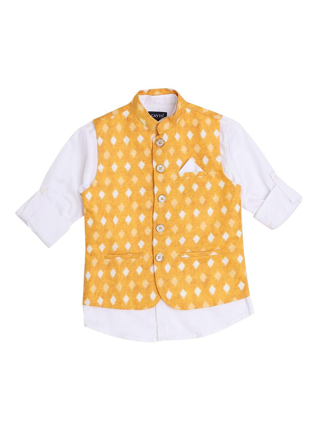 cavio boys yellow & white colored printed nehru jacket